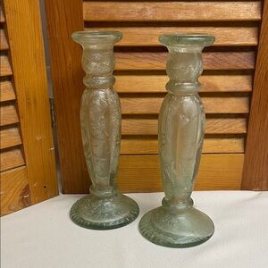 Green Recycled Glass Candlestick Pair - Made in Spain